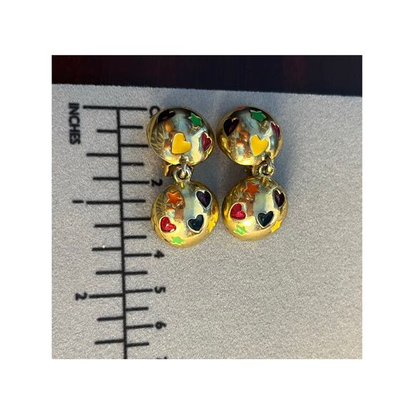 VTG Gold Tone Enamel Rainbow Hearts Clip On Earrings 80s Glam Marimekko - Picture 3 of 5